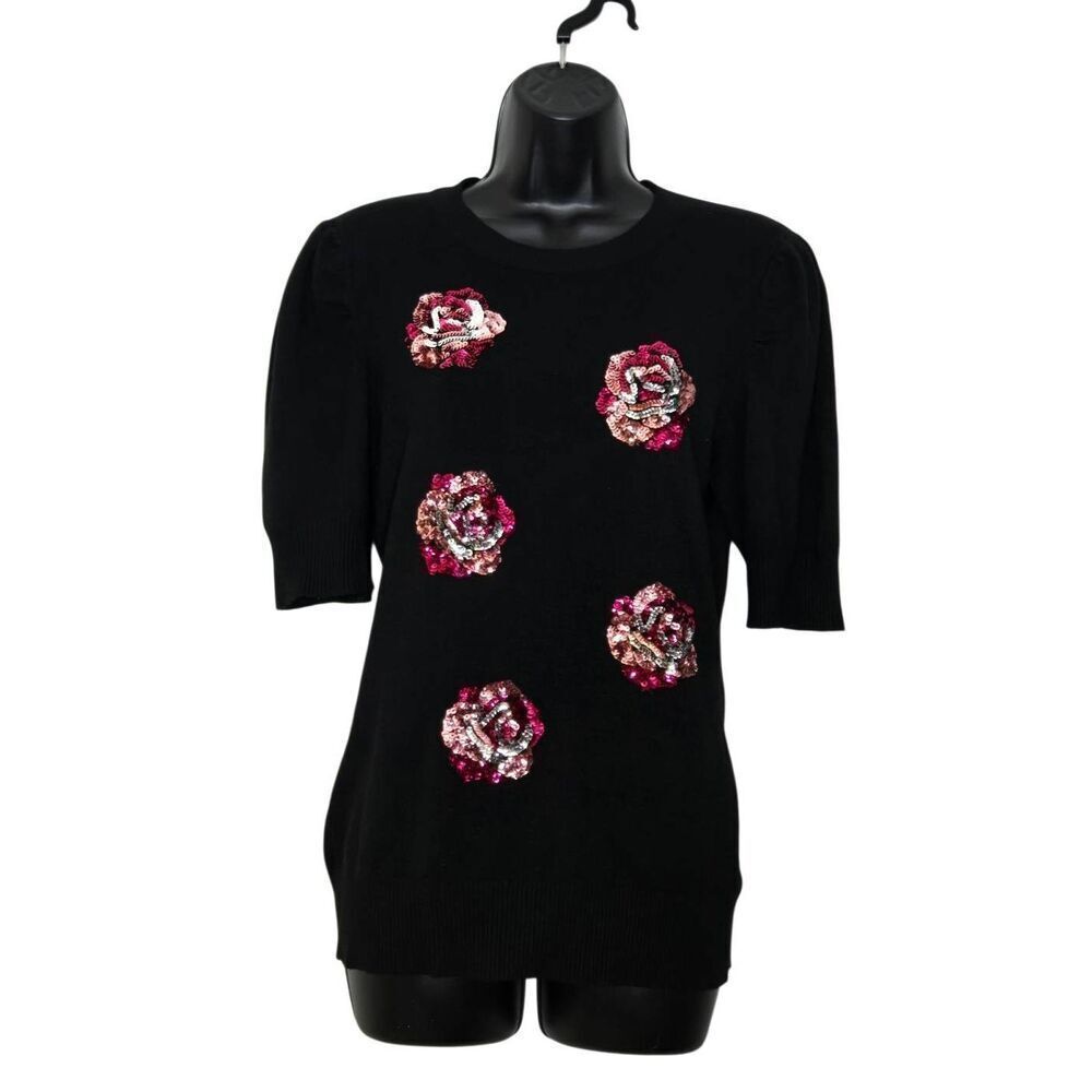 Ontwelfth Sweater Size XL Sequin Roses Short Sleeve Black